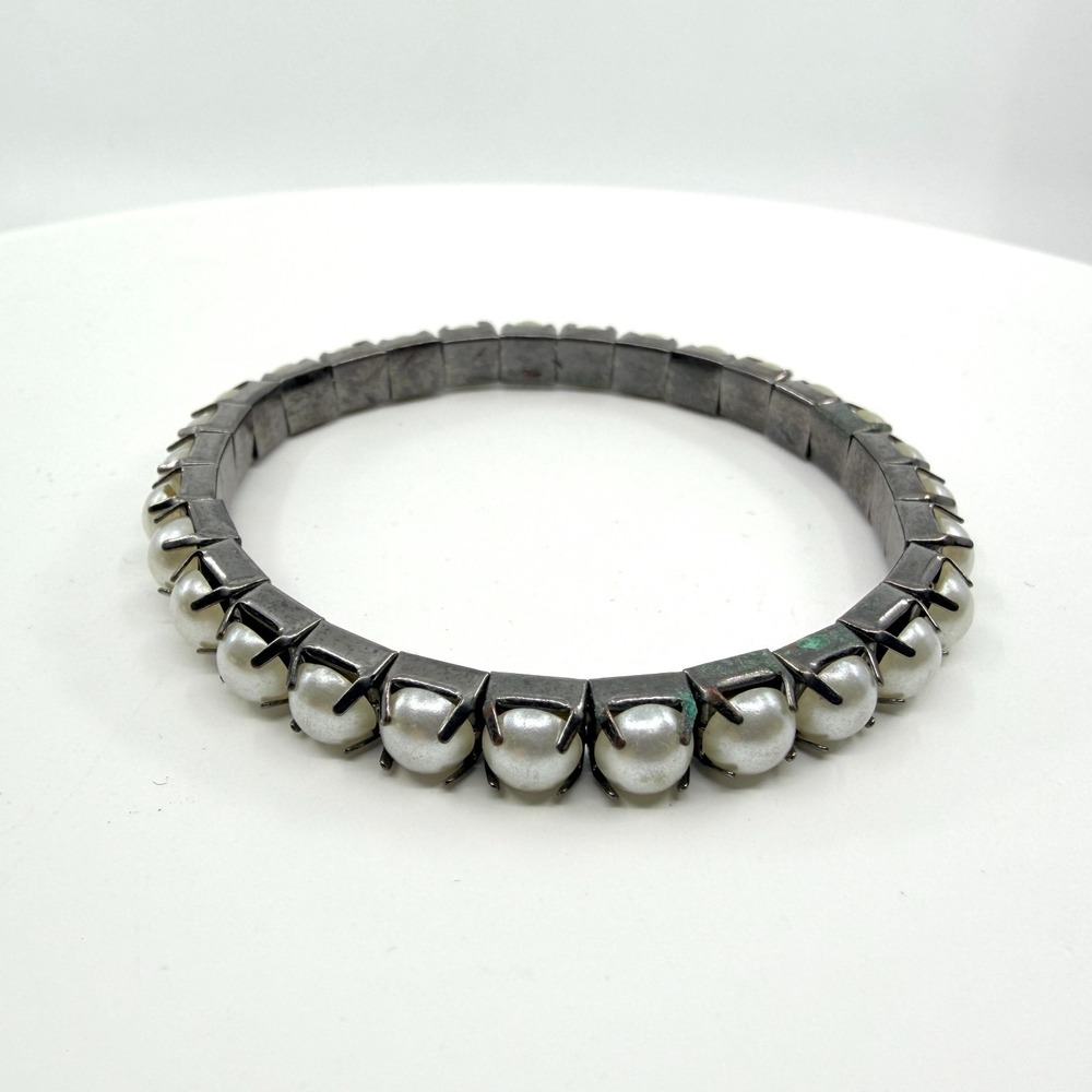 Gunmetal Stretch Pearl Bracelet Boho Layering Chic Grunge Statement Accessory